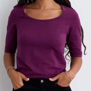 NEW FAIR INDIGO Elbow Sleeve Wide Scoop Neck Tee Size L in PLUM